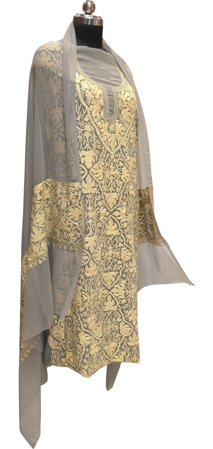 Elegant Grey Kashmiri Aari Work Georgette Three Piece Unstitched Suit Set - Luxurion World