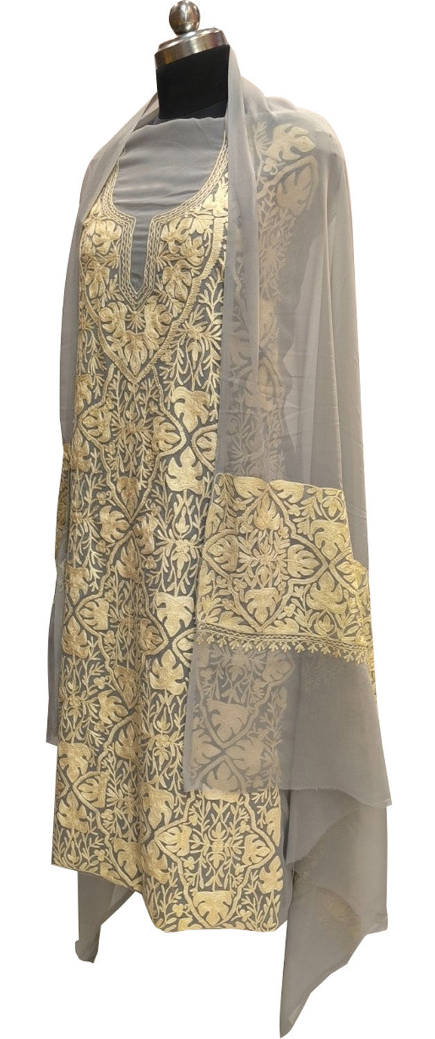 Elegant Grey Kashmiri Aari Work Georgette Three Piece Unstitched Suit Set - Luxurion World