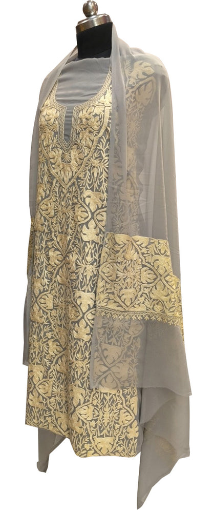 Elegant Grey Kashmiri Aari Work Georgette Three Piece Unstitched Suit Set - Luxurion World
