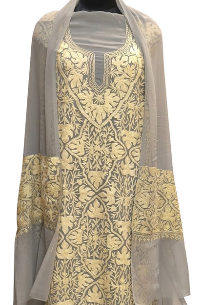 Elegant Grey Kashmiri Aari Work Georgette Three Piece Unstitched Suit Set - Luxurion World