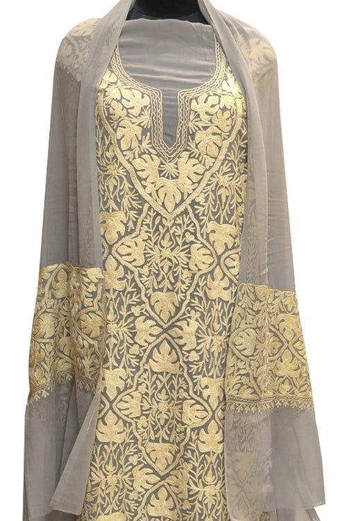 Elegant Grey Kashmiri Aari Work Georgette Three Piece Unstitched Suit Set - Luxurion World