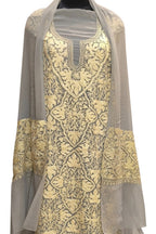 Elegant Grey Kashmiri Aari Work Georgette Three Piece Unstitched Suit Set - Luxurion World