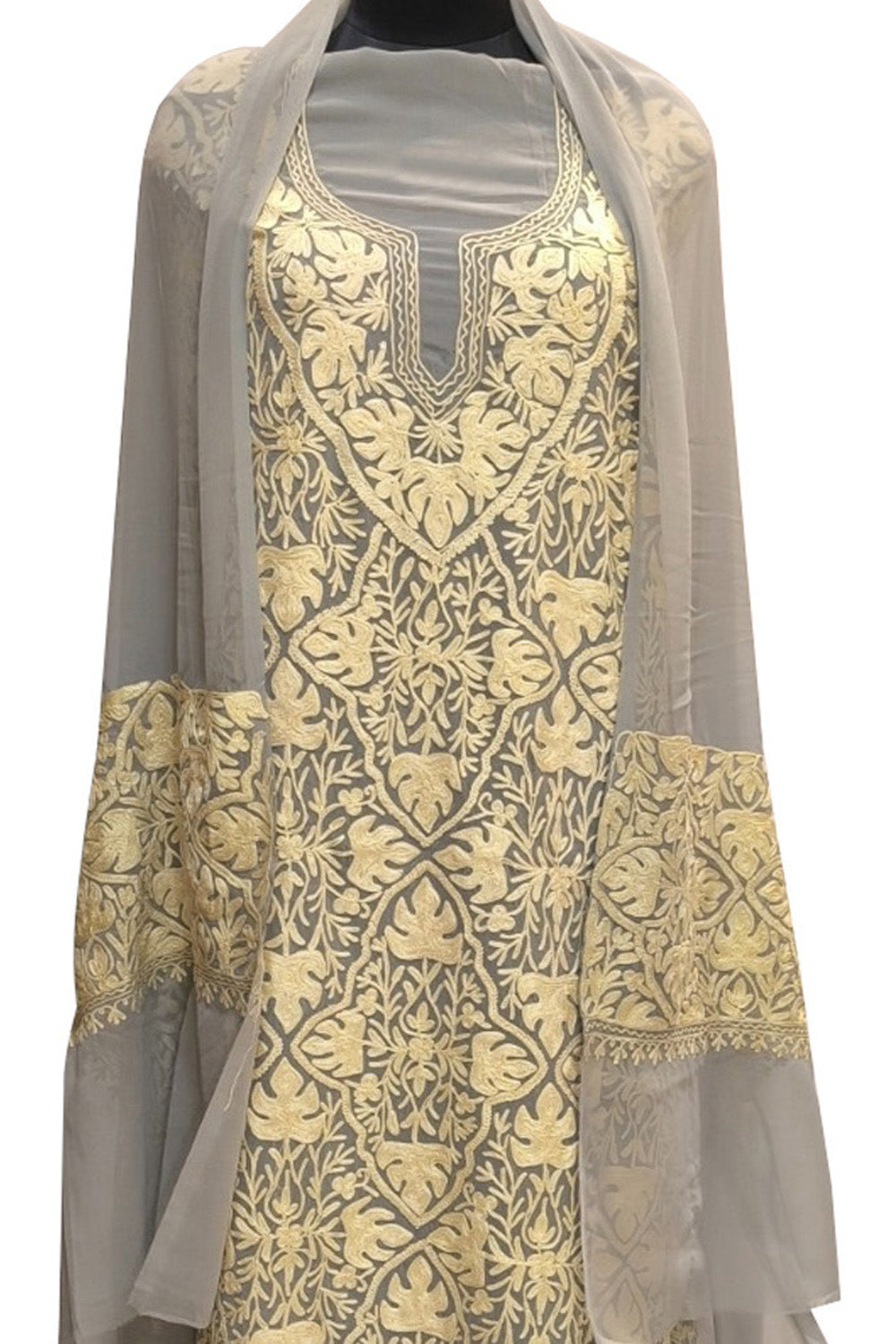 Elegant Grey Kashmiri Aari Work Georgette Three Piece Unstitched Suit Set - Luxurion World