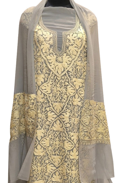 Elegant Grey Kashmiri Aari Work Georgette Three Piece Unstitched Suit Set - Luxurion World
