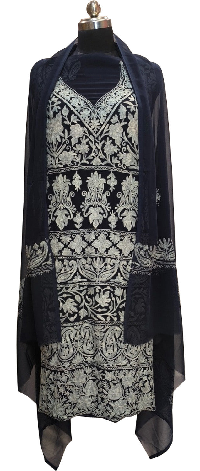 Elegant Black Kashmiri Aari Work Georgette Three Piece Unstitched Suit Set - Luxurion World