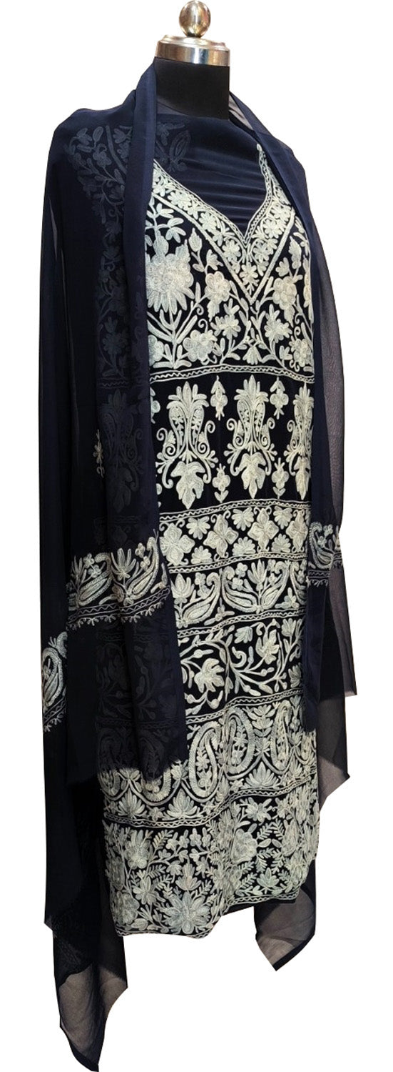 Elegant Black Kashmiri Aari Work Georgette Three Piece Unstitched Suit Set - Luxurion World