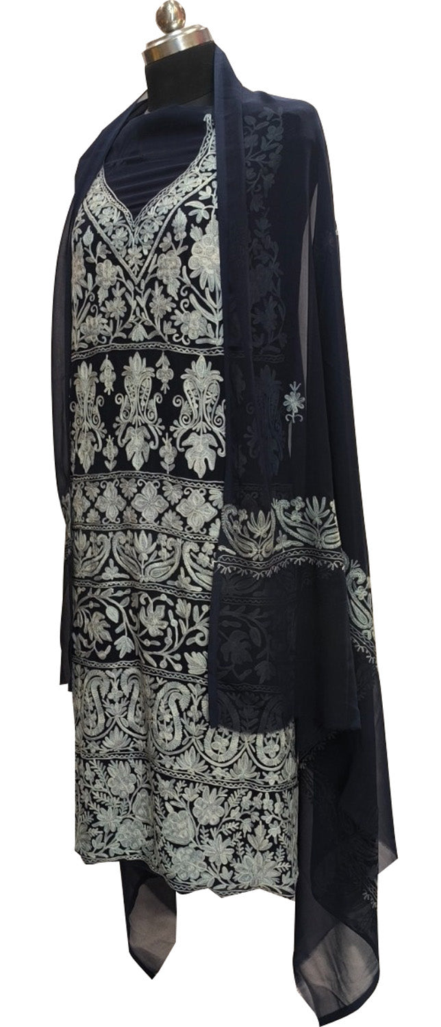 Elegant Black Kashmiri Aari Work Georgette Three Piece Unstitched Suit Set - Luxurion World