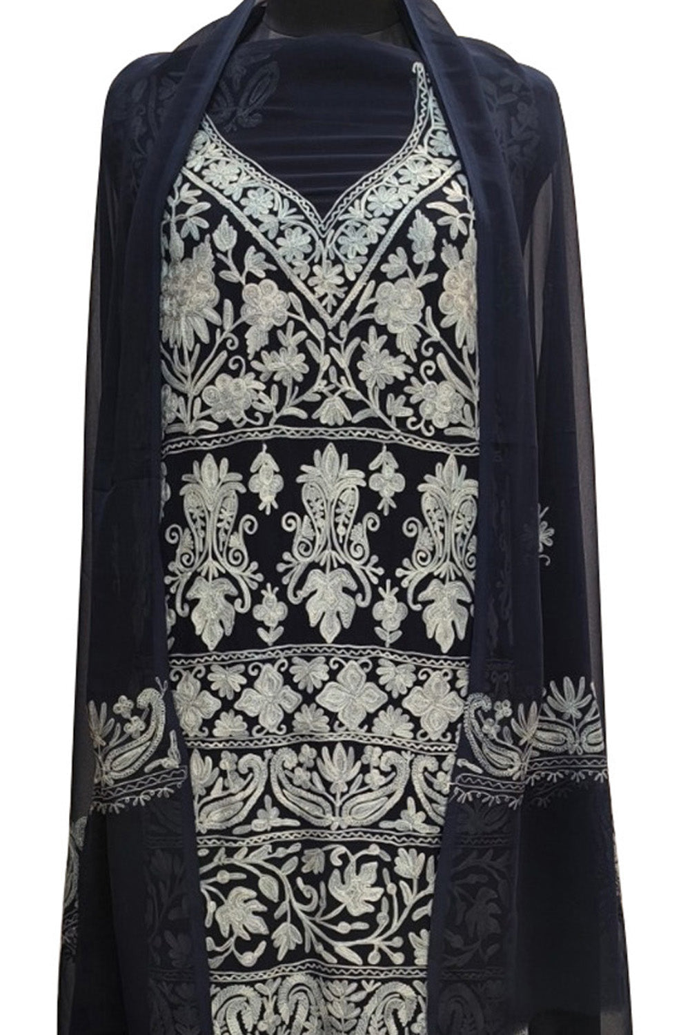 Elegant Black Kashmiri Aari Work Georgette Three Piece Unstitched Suit Set - Luxurion World