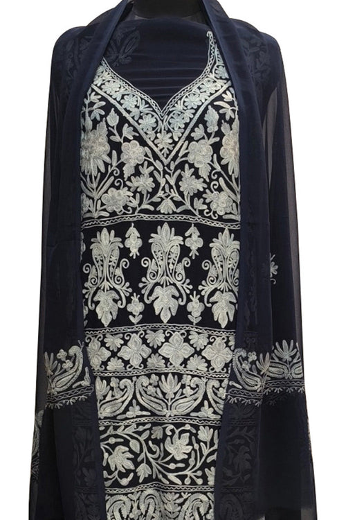Elegant Black Kashmiri Aari Work Georgette Three Piece Unstitched Suit Set - Luxurion World