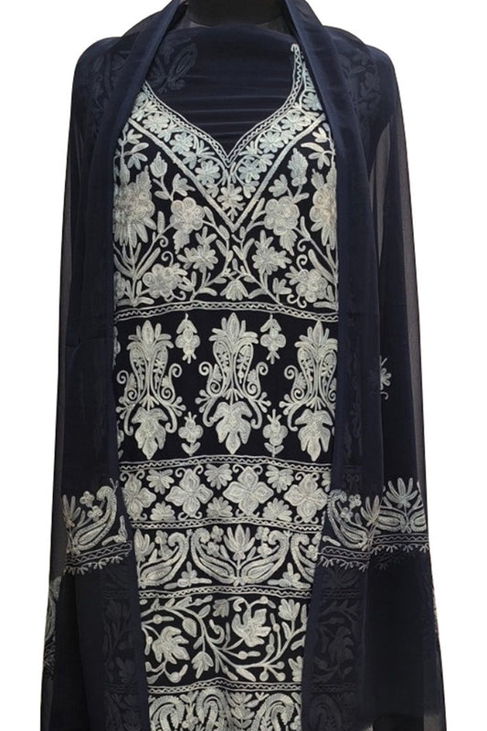 Elegant Black Kashmiri Aari Work Georgette Three Piece Unstitched Suit Set - Luxurion World