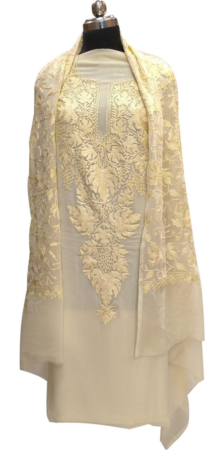 Pastel Kashmiri Aari Work Georgette Three Piece Unstitched Suit Set - Luxurion World