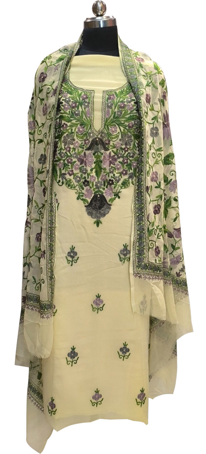 Pastel Kashmiri Aari Work Georgette Three Piece Unstitched Suit Set - Luxurion World