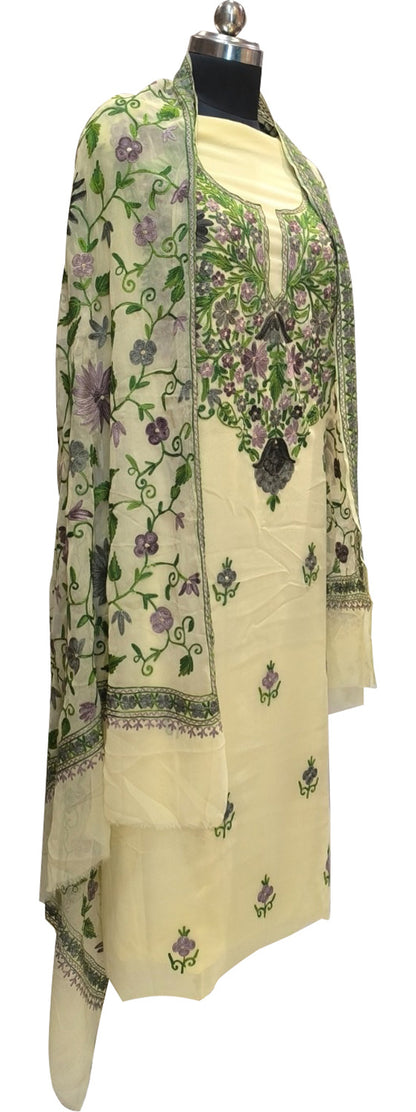 Pastel Kashmiri Aari Work Georgette Three Piece Unstitched Suit Set - Luxurion World