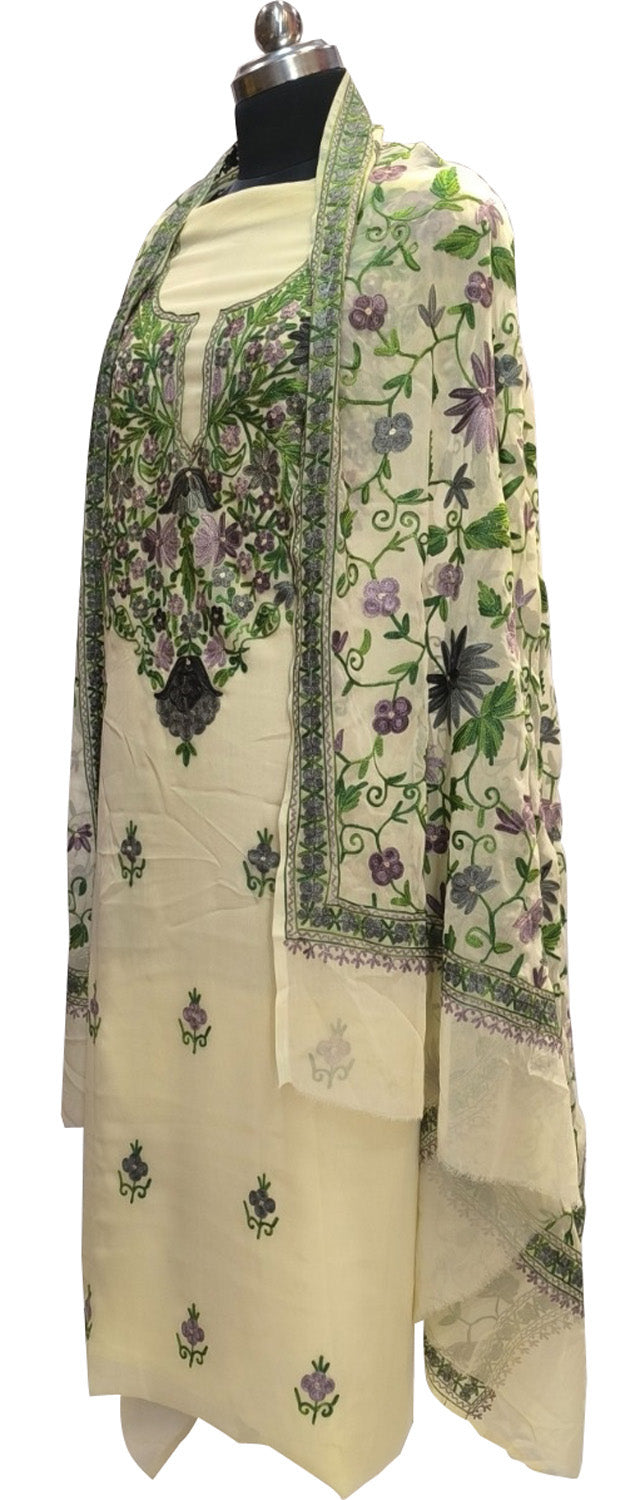 Pastel Kashmiri Aari Work Georgette Three Piece Unstitched Suit Set - Luxurion World