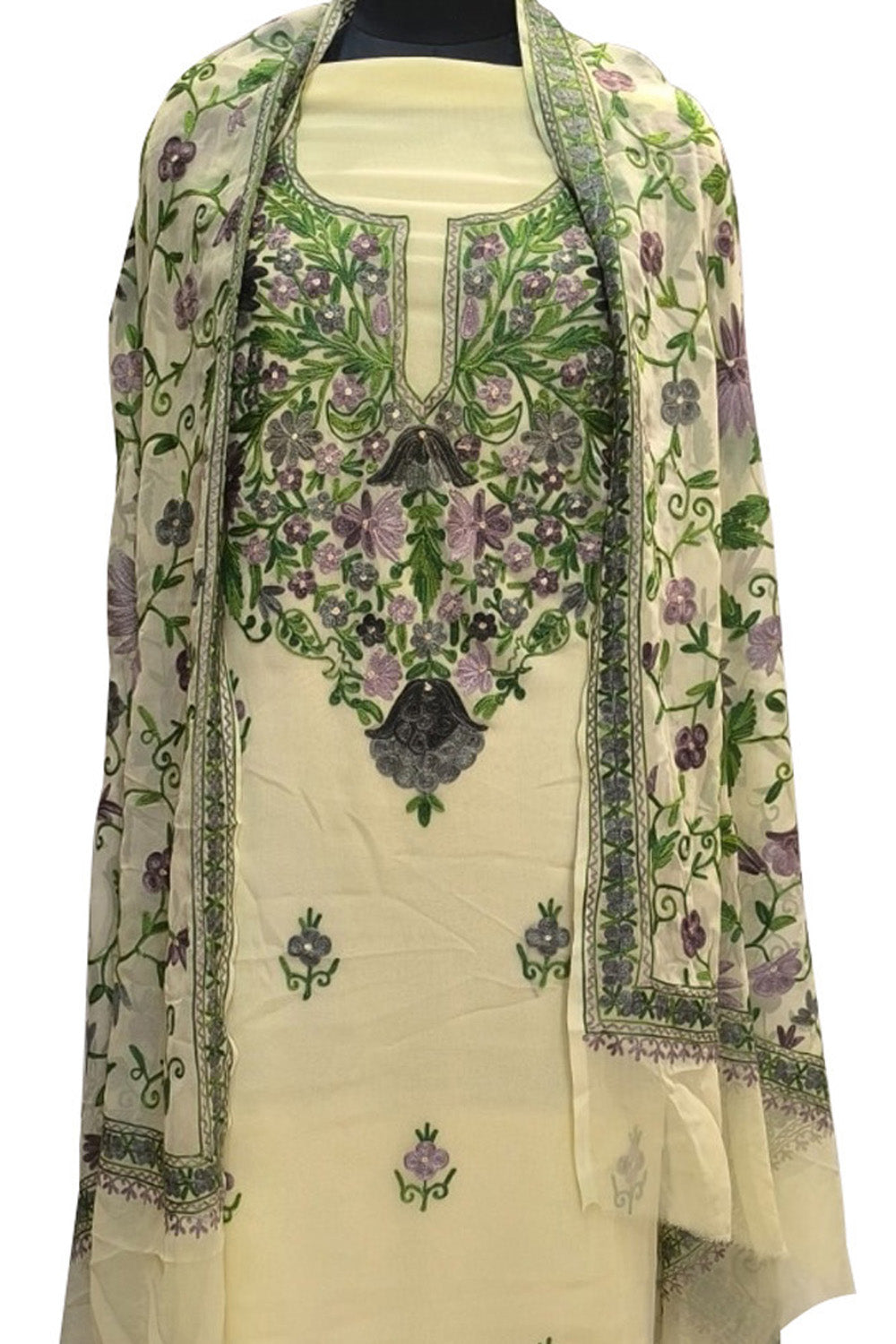 Pastel Kashmiri Aari Work Georgette Three Piece Unstitched Suit Set - Luxurion World