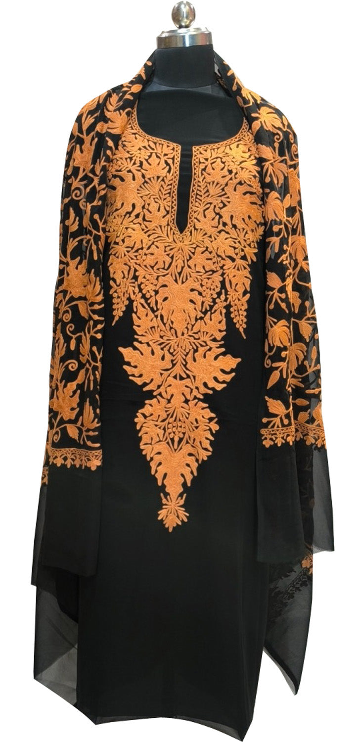 Elegant Black Kashmiri Aari Work Georgette Three Piece Unstitched Suit Set - Luxurion World