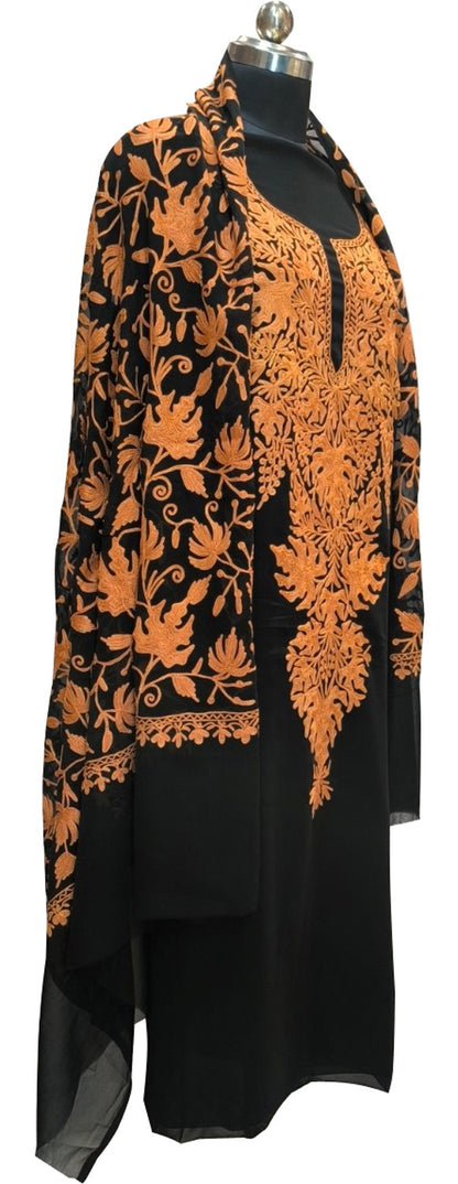 Elegant Black Kashmiri Aari Work Georgette Three Piece Unstitched Suit Set - Luxurion World