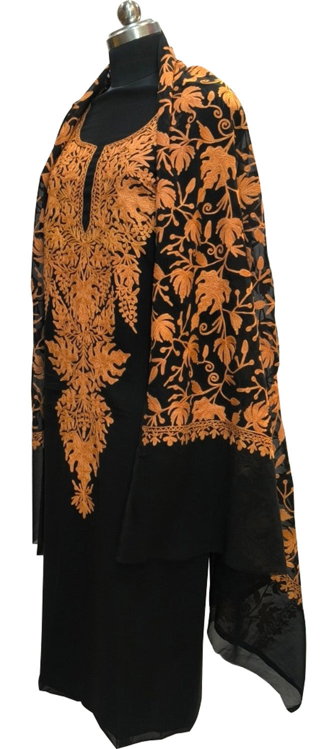 Elegant Black Kashmiri Aari Work Georgette Three Piece Unstitched Suit Set - Luxurion World