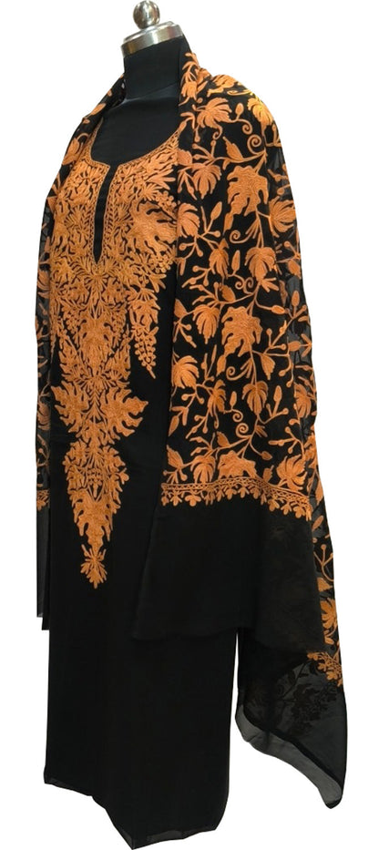 Elegant Black Kashmiri Aari Work Georgette Three Piece Unstitched Suit Set - Luxurion World