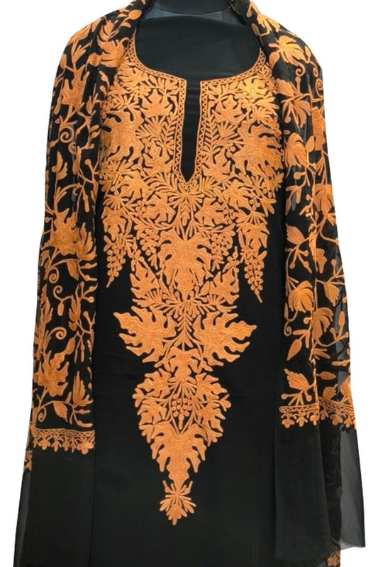 Elegant Black Kashmiri Aari Work Georgette Three Piece Unstitched Suit Set - Luxurion World