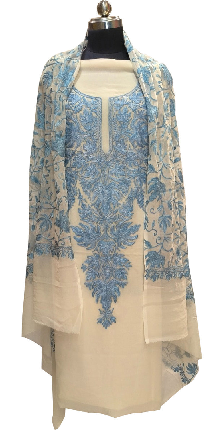 Pastel Kashmiri Aari Work Georgette Three Piece Unstitched Suit Set - Luxurion World