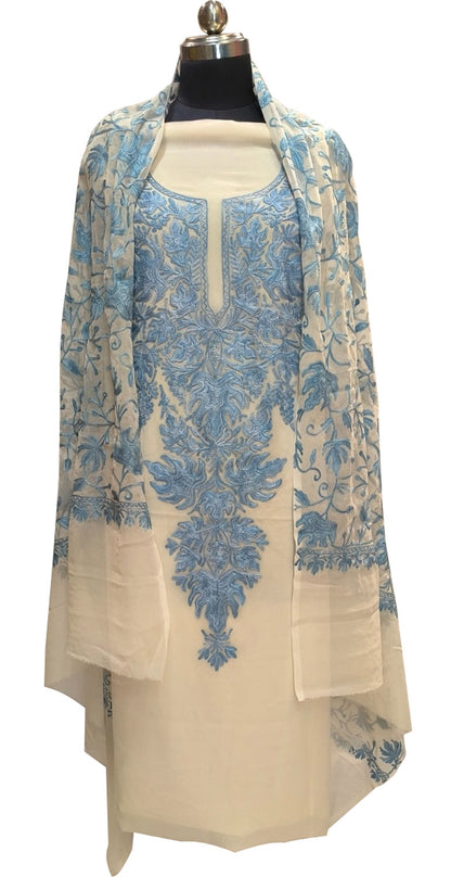 Pastel Kashmiri Aari Work Georgette Three Piece Unstitched Suit Set - Luxurion World