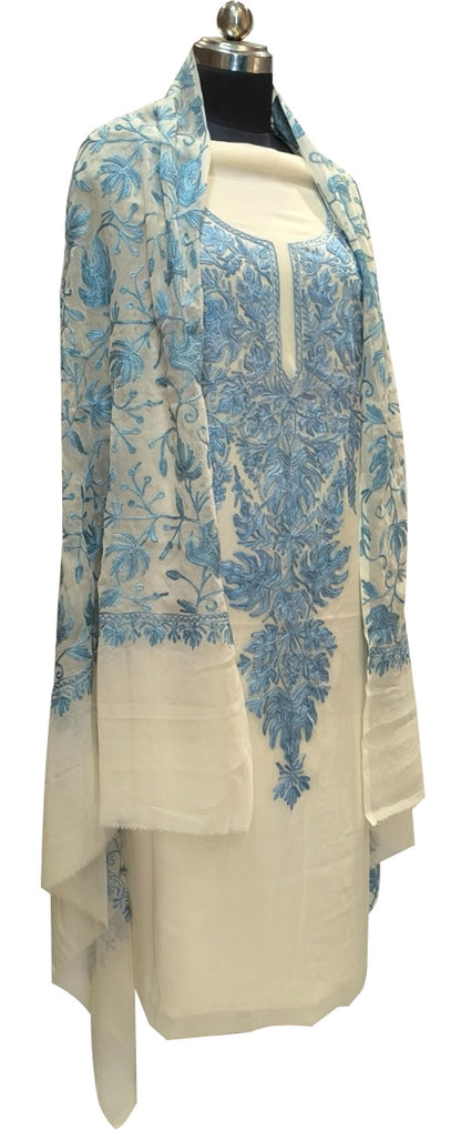 Pastel Kashmiri Aari Work Georgette Three Piece Unstitched Suit Set - Luxurion World