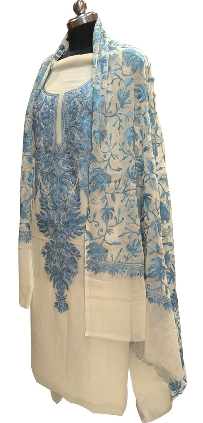 Pastel Kashmiri Aari Work Georgette Three Piece Unstitched Suit Set - Luxurion World