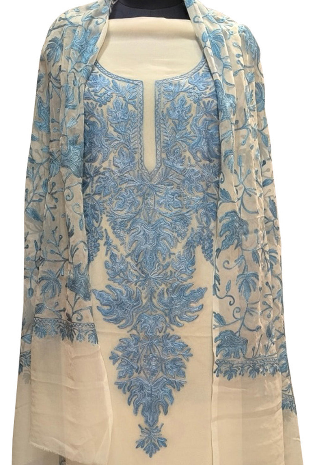 Pastel Kashmiri Aari Work Georgette Three Piece Unstitched Suit Set - Luxurion World