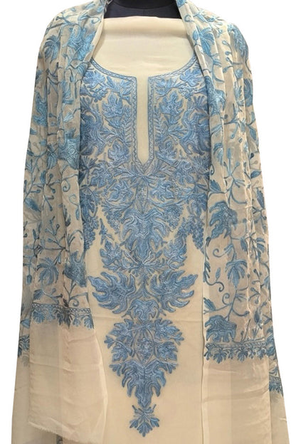 Pastel Kashmiri Aari Work Georgette Three Piece Unstitched Suit Set - Luxurion World