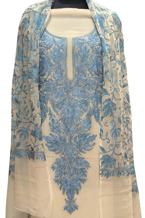 Pastel Kashmiri Aari Work Georgette Three Piece Unstitched Suit Set - Luxurion World