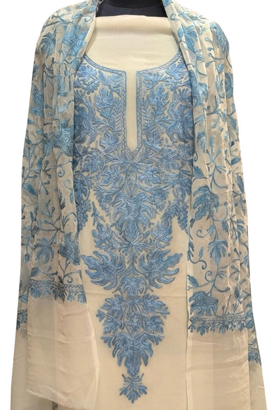 Pastel Kashmiri Aari Work Georgette Three Piece Unstitched Suit Set - Luxurion World