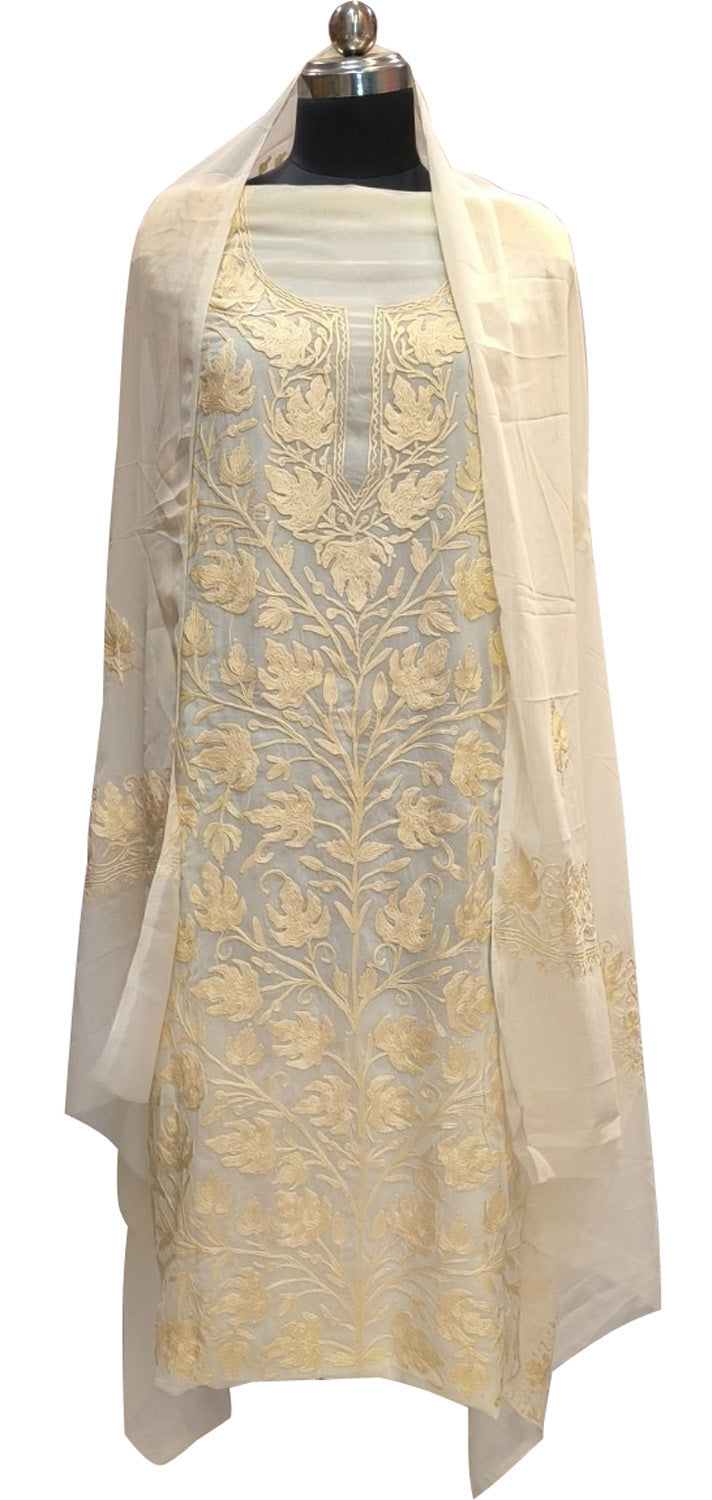 Elegant Off White Kashmiri Aari Work Georgette Three Piece Unstitched Suit Set - Luxurion World