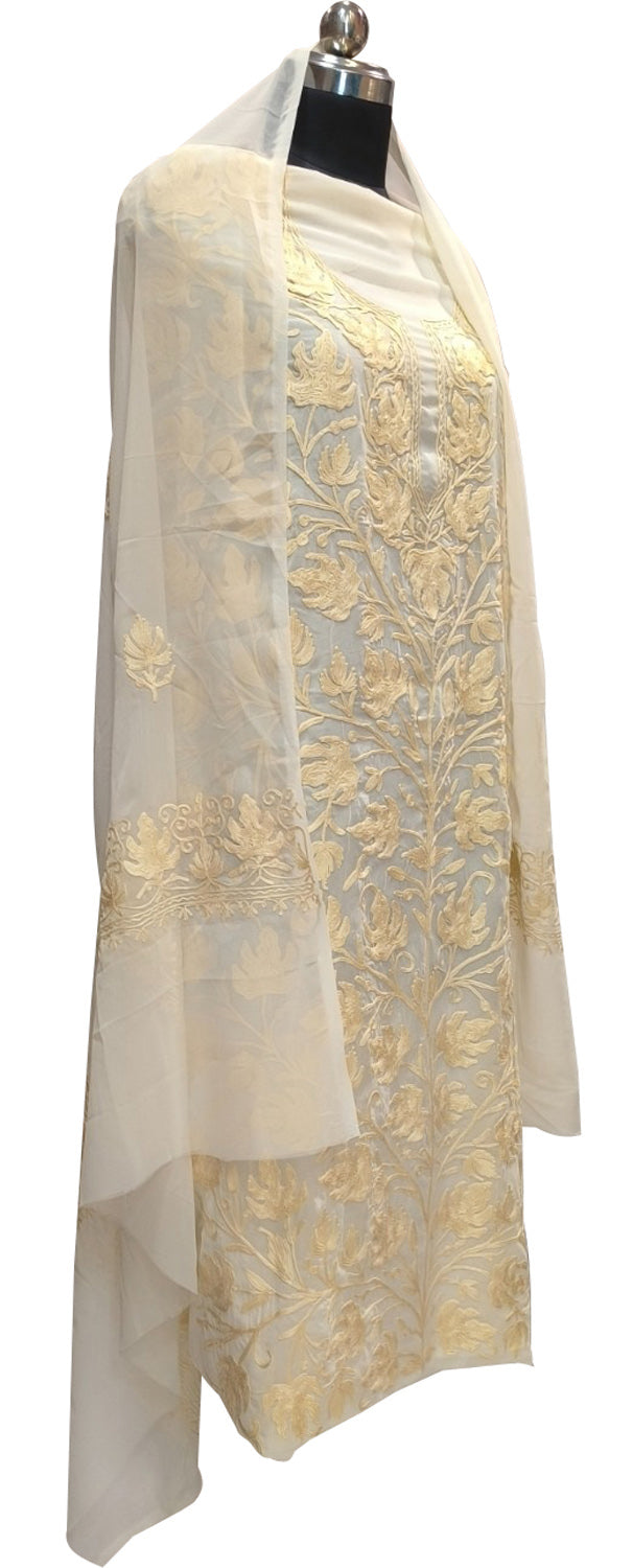 Elegant Off White Kashmiri Aari Work Georgette Three Piece Unstitched Suit Set - Luxurion World