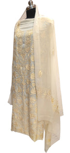 Elegant Off White Kashmiri Aari Work Georgette Three Piece Unstitched Suit Set - Luxurion World
