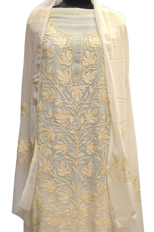 Elegant Off White Kashmiri Aari Work Georgette Three Piece Unstitched Suit Set - Luxurion World