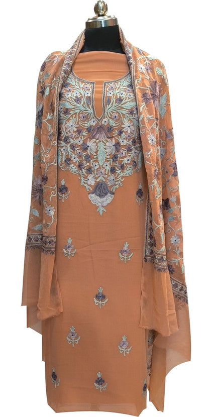 Stunning Orange Kashmiri Aari Work Georgette Three Piece Unstitched Suit Set - Luxurion World