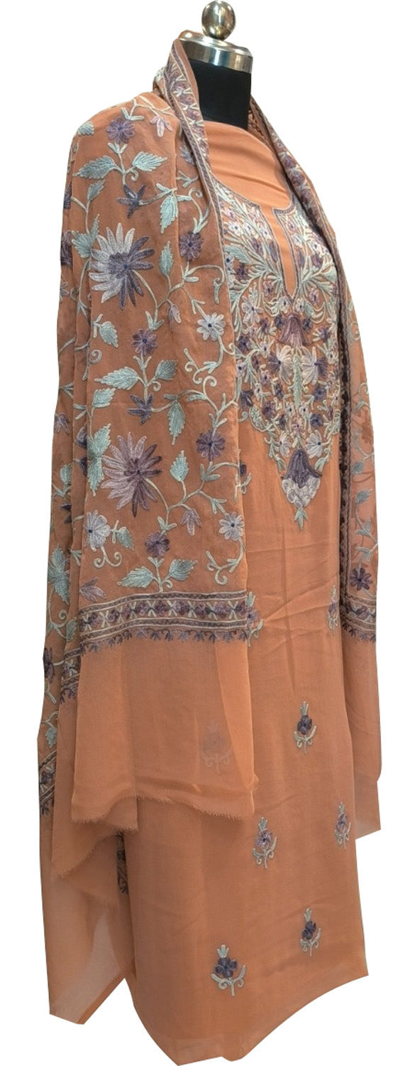 Stunning Orange Kashmiri Aari Work Georgette Three Piece Unstitched Suit Set - Luxurion World