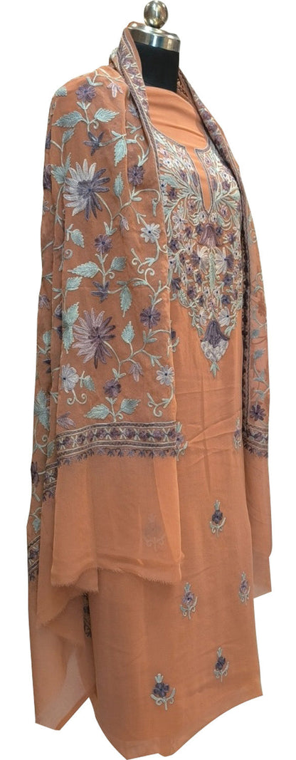 Stunning Orange Kashmiri Aari Work Georgette Three Piece Unstitched Suit Set - Luxurion World