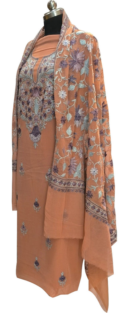Stunning Orange Kashmiri Aari Work Georgette Three Piece Unstitched Suit Set - Luxurion World