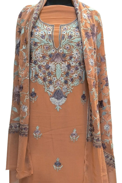 Stunning Orange Kashmiri Aari Work Georgette Three Piece Unstitched Suit Set - Luxurion World