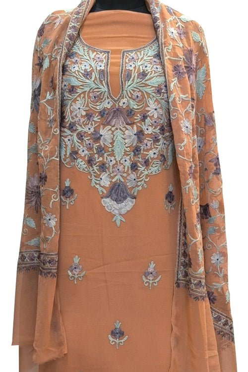Stunning Orange Kashmiri Aari Work Georgette Three Piece Unstitched Suit Set - Luxurion World