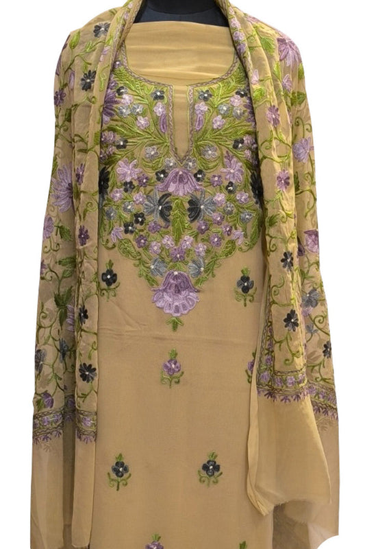 Elegant Pastel Kashmiri Aari Work Georgette Three Piece Unstitched Suit Set - Luxurion World