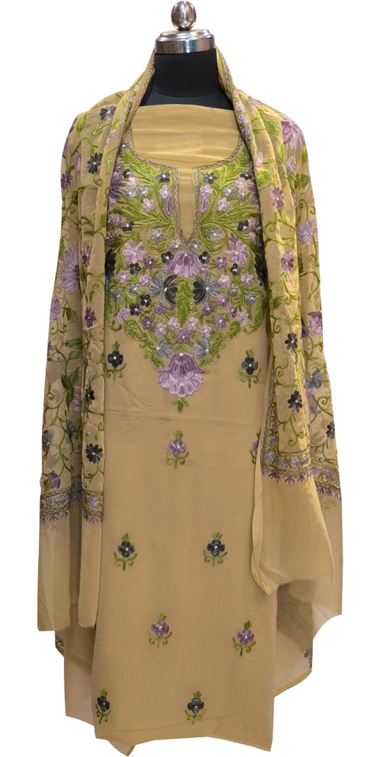 Elegant Pastel Kashmiri Aari Work Georgette Three Piece Unstitched Suit Set - Luxurion World