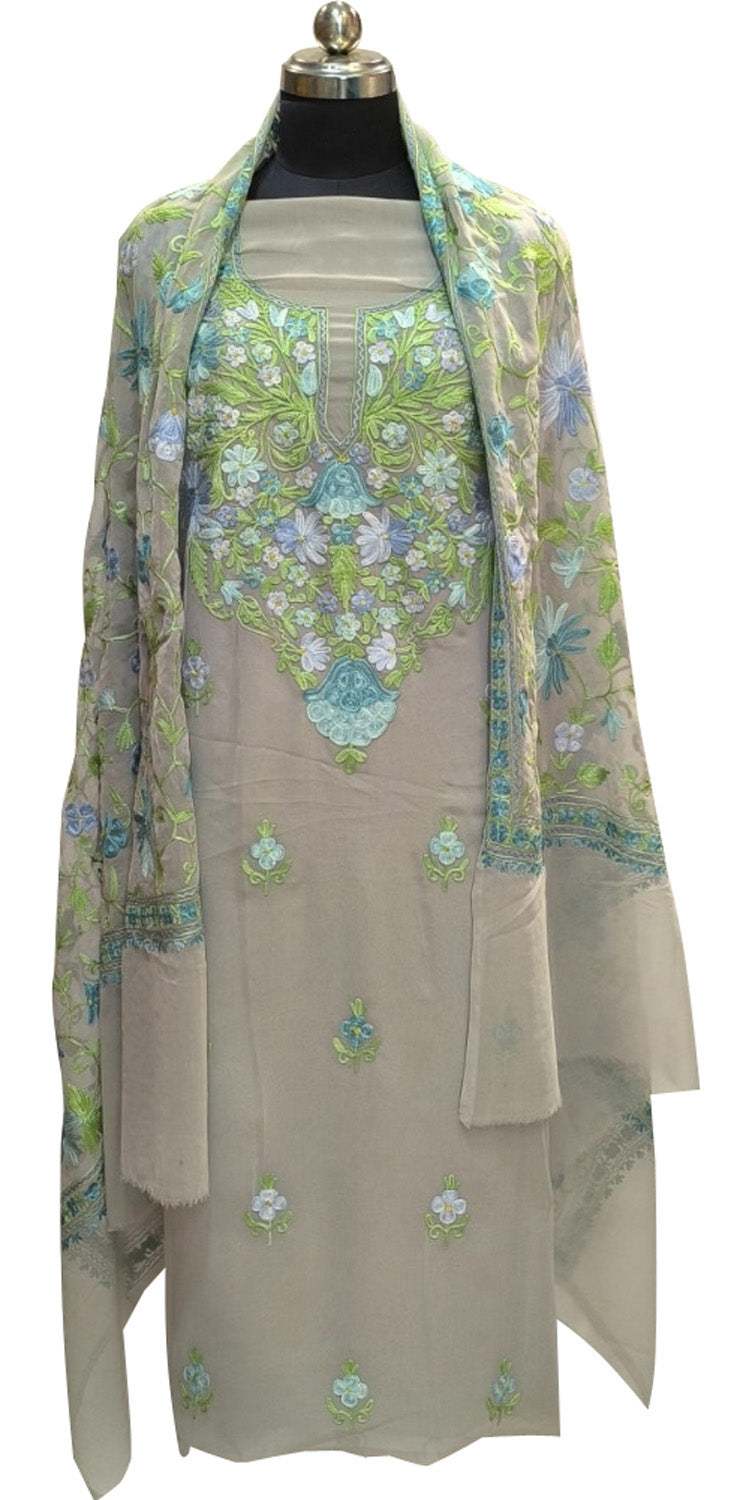 Elegant Grey Kashmiri Aari Work Georgette Three Piece Unstitched Suit Set - Luxurion World