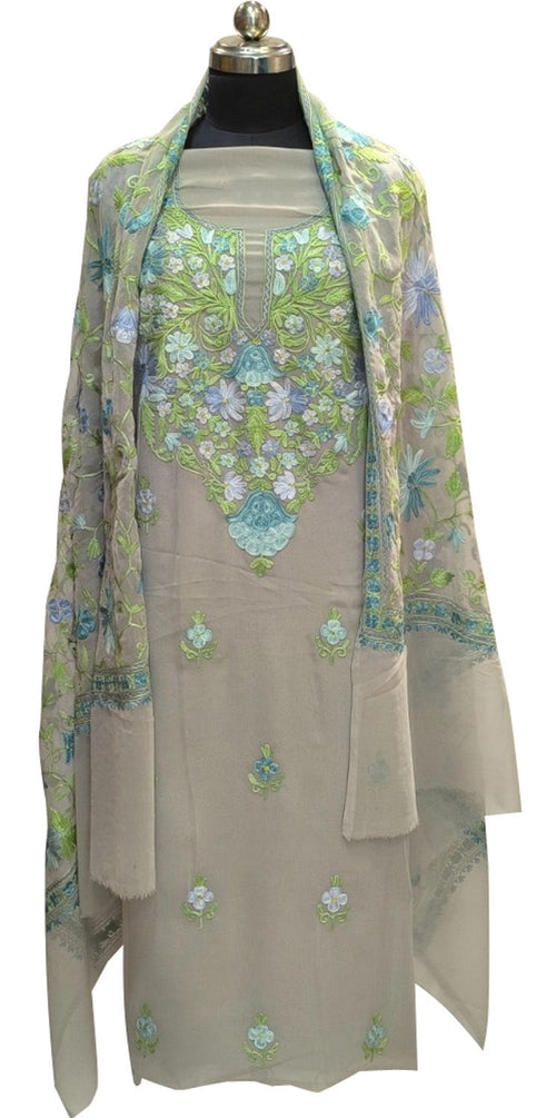 Elegant Grey Kashmiri Aari Work Georgette Three Piece Unstitched Suit Set - Luxurion World