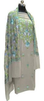 Elegant Grey Kashmiri Aari Work Georgette Three Piece Unstitched Suit Set - Luxurion World