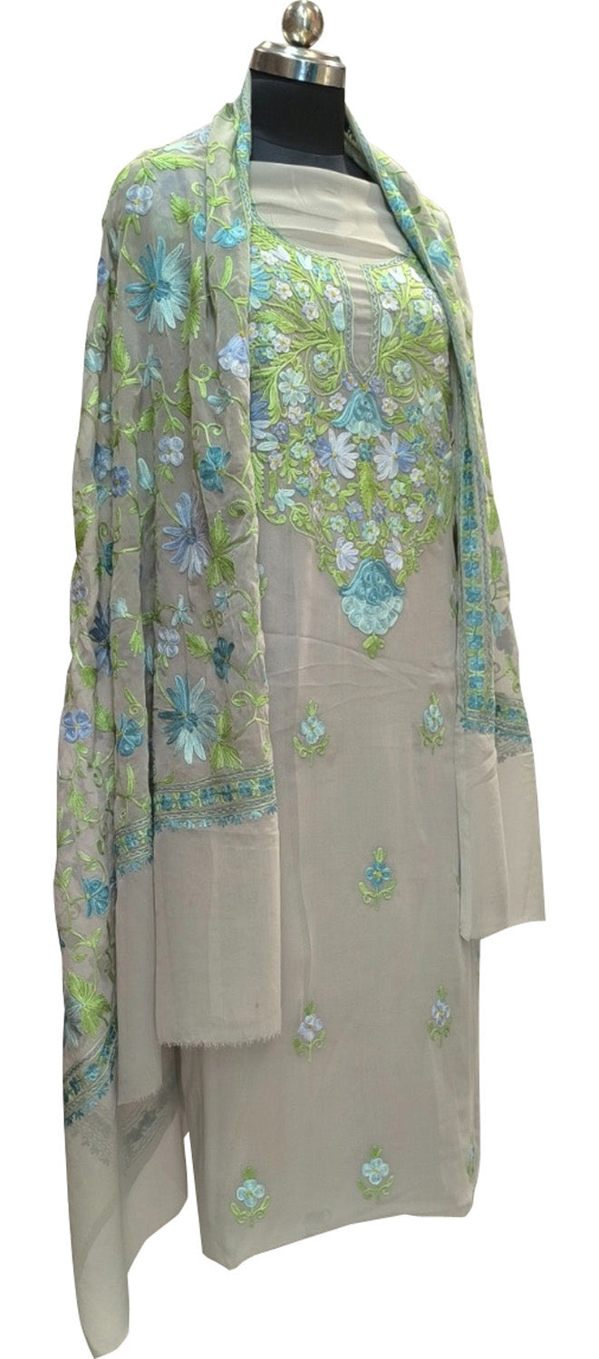 Elegant Grey Kashmiri Aari Work Georgette Three Piece Unstitched Suit Set - Luxurion World