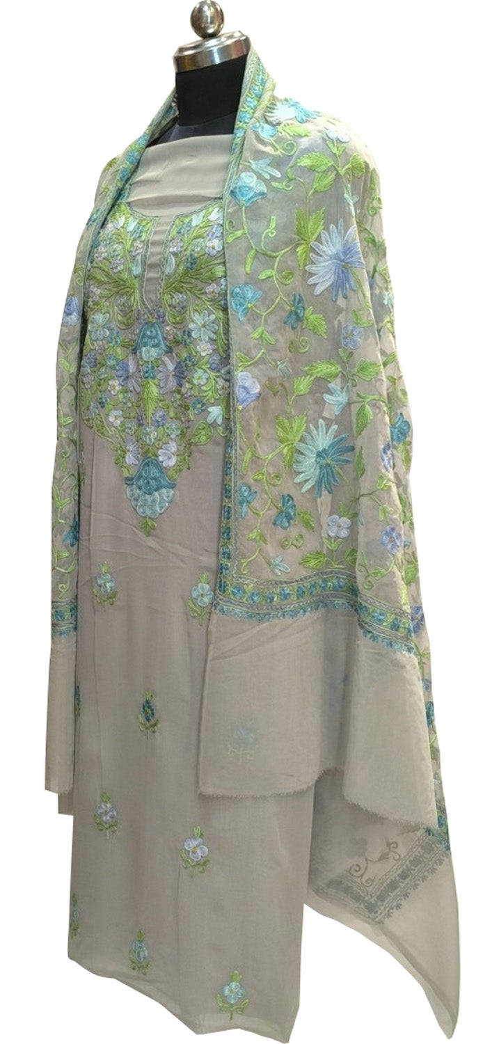 Elegant Grey Kashmiri Aari Work Georgette Three Piece Unstitched Suit Set - Luxurion World