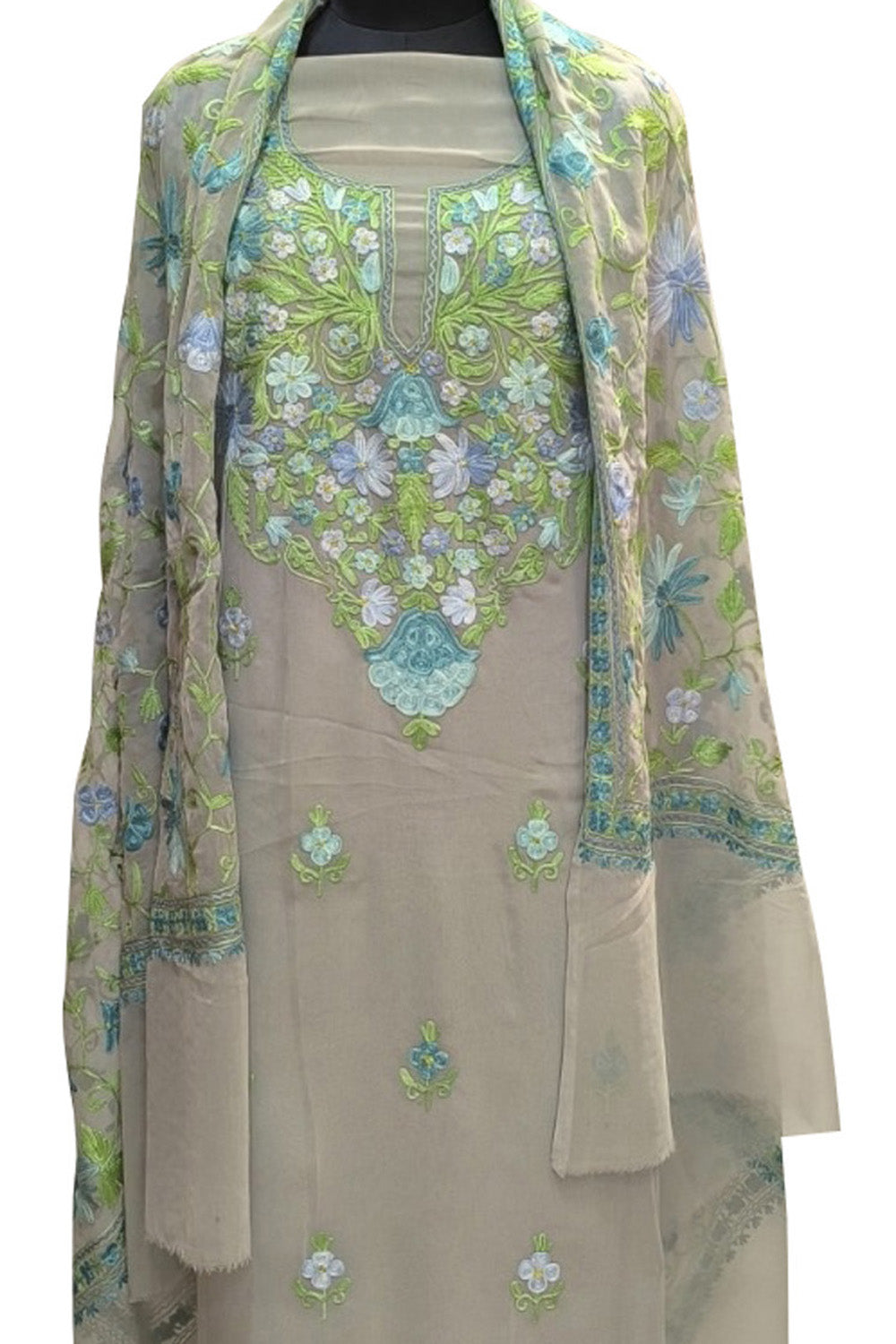 Elegant Grey Kashmiri Aari Work Georgette Three Piece Unstitched Suit Set - Luxurion World